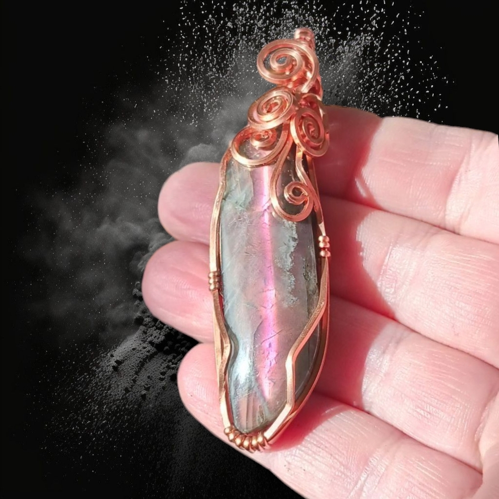 Artisan Copper Wire Wrap Labradorite Pendant – Pink & Purple Flash